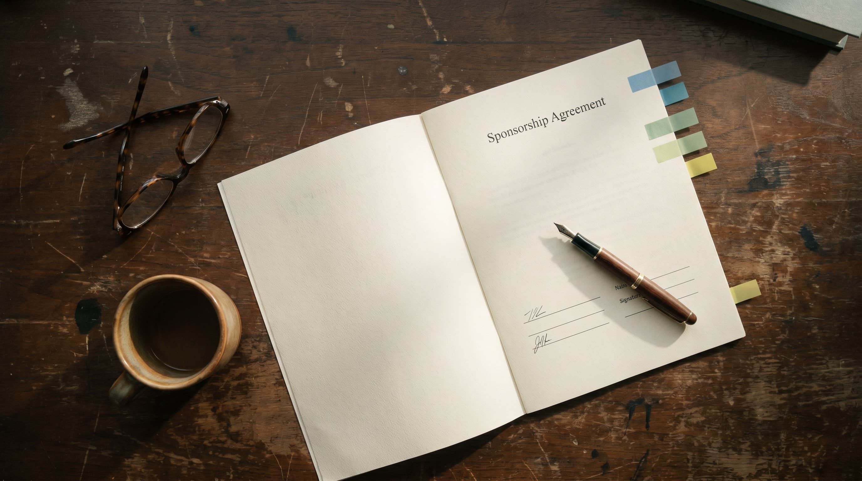 A printed sponsorship contract beside a laptop showing a live obligations tracker