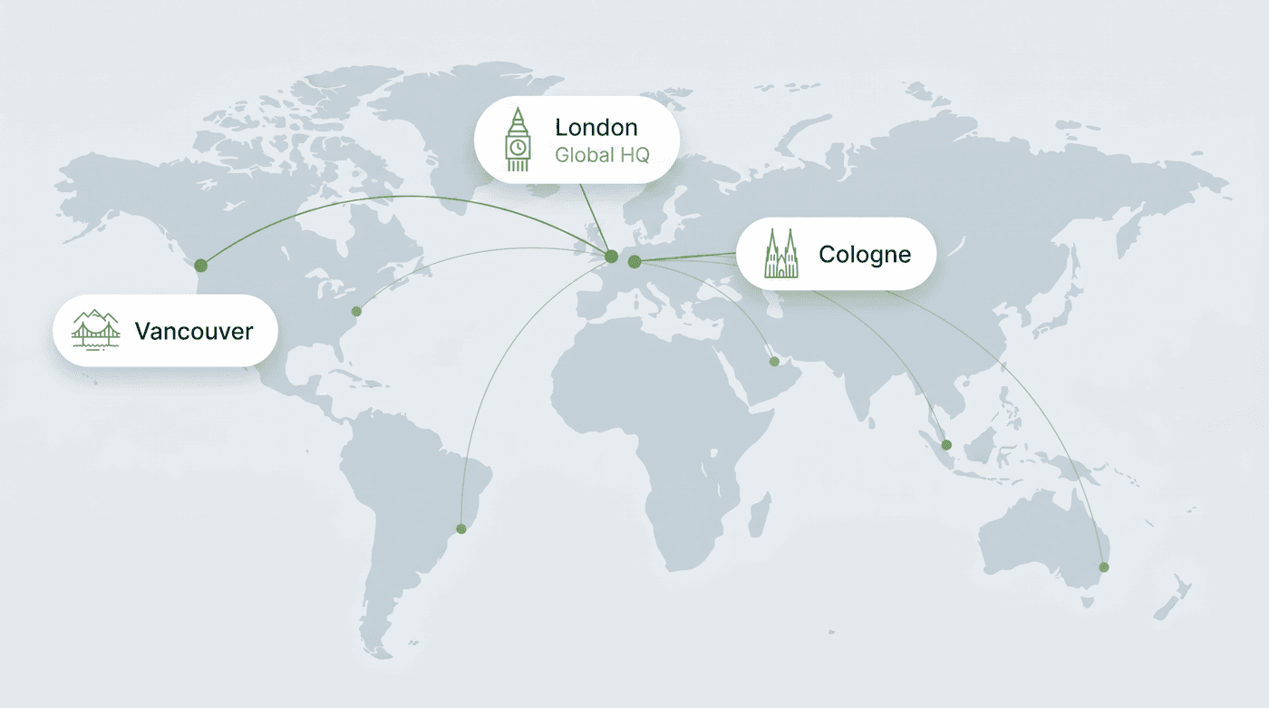 Map showing Sponsorworks offices in London (Global HQ), Vancouver and Cologne
