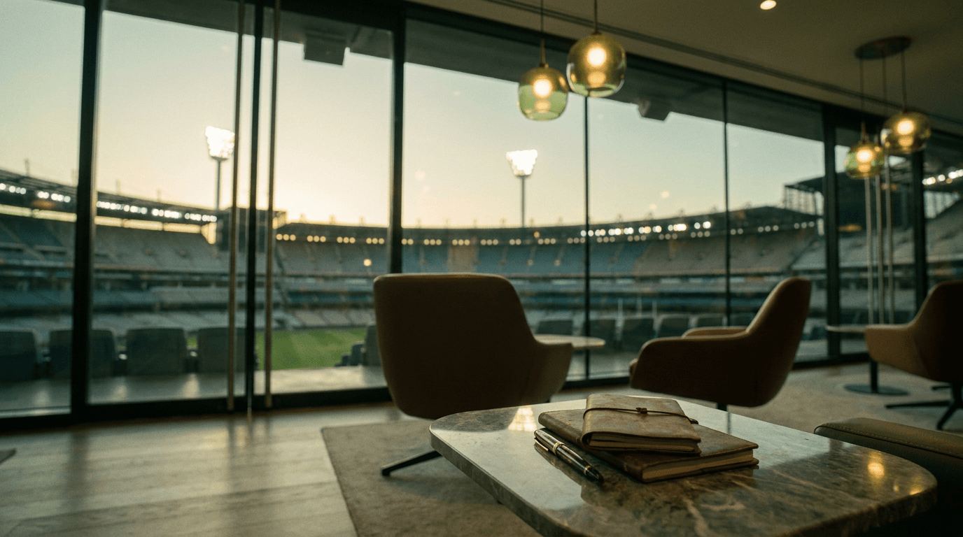 Premium hospitality lounge overlooking a floodlit stadium — where partnerships happen